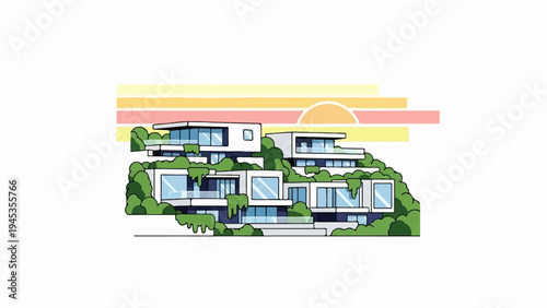 Modern multi-level homes nestled in greenery against a striped sunset sky