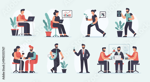 Modern office workers collaborate, analyze data, and discuss ideas