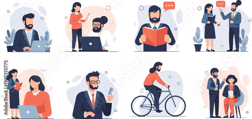Diverse office and leisure scenes featuring people in various work and activity settings