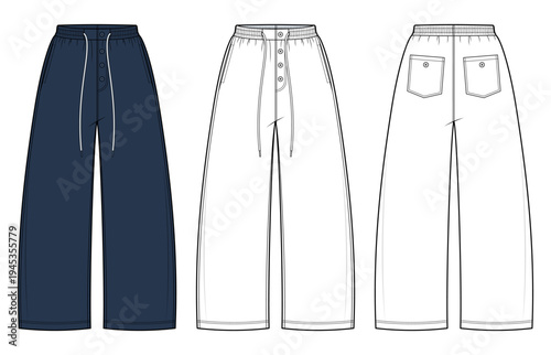 Wide-Leg Button-Fly Trousers. Wide Leg Pants Technical Drawing - Relaxed Fit Trousers with Button Fly, Drawstring Waist, and Flap Back Pockets Vector Flat
