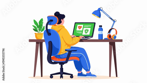 Person at desk with laptop, lamp, plant, headphones, and water bottle