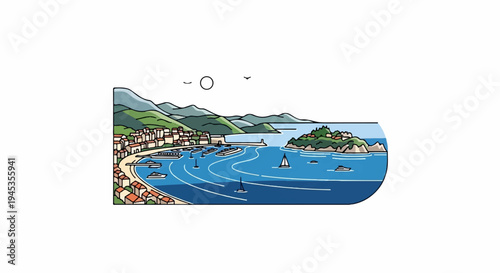 Picturesque coastal town with a bustling harbor, lush green hills, and boats on the azure sea