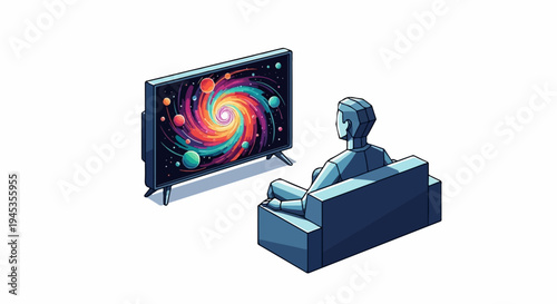 Person sits on couch watching colorful cosmic display on television