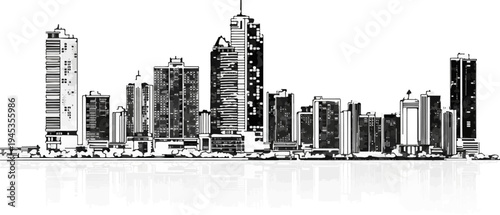 Sketchy urban skyline with tall buildings and their reflections