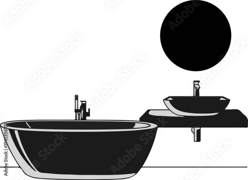 Sleek black bathtub and basin with minimalist round mirror
