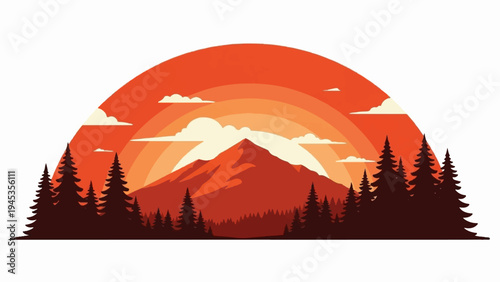 Silhouette of a mountain range with pine trees against a sunset sky