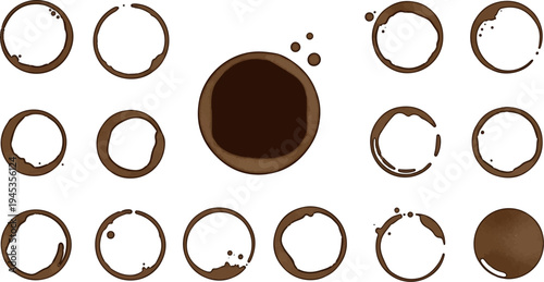 Collection of diverse coffee cup rings and a central dark coffee stain