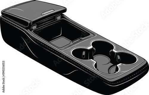 Sleek black car center console with open storage and dual cup holders