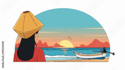 Person in conical hat watching a boat at sunset over the ocean