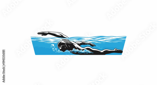 Person swimming freestyle in blue water, bubbles rise