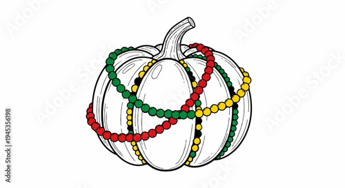 Black and white sketch of a pumpkin adorned with colorful bead necklaces