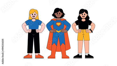 Three confident young girls standing together, one dressed as a superhero, showcasing empowerment and friendship.