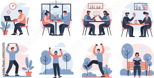 Scenes of people working, exercising, and relaxing outdoors