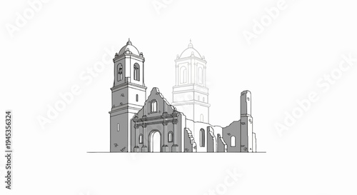 Sketch of a ruined Spanish colonial church with a bell tower
