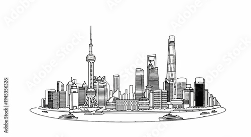 Sketch of a modern city skyline with unique towers and watercraft