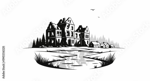 Ruined manor with reflection in water, surrounded by trees and small houses