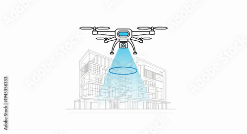 Drone surveying a building blueprint