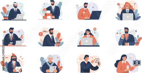 Diverse professionals using laptops, tablets, and phones in an office setting