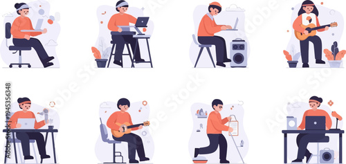 Stylized figures engage in various activities working on laptops, playing guitars, and creating content