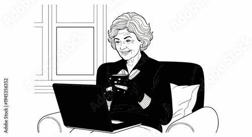 Smiling older woman with coffee and laptop, relaxing indoors