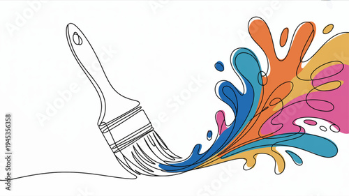 Colorful paintbrush with vibrant splashes of paint in blue orange pink and yellow hues on white background symbolizing creativity and artistry