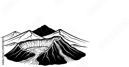 Stylized black and white illustration of a volcanic mountain with a crater lake