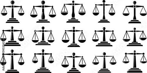 Justice Balance Scale Icon Set Collection of Legal Law Symbols Representing Court Equality Fairness Judgment and Legal System Concepts in Black Vector Style