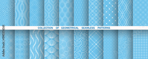 Geometric set of seamless blue and white patterns. Simple vector graphics