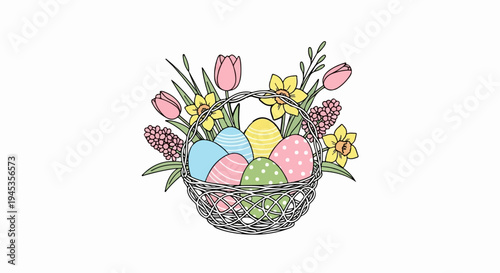 A wire basket overflowing with colorful decorated eggs, surrounded by spring flowers
