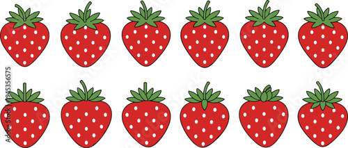 Cartoon Style Strawberry Icon Set with Red Fruit and Green Leaves in Simple Vector Design for Food, Dessert, and Natural Fruit Concepts