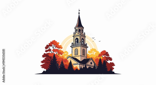 Autumn church with bell tower and surrounding colorful trees