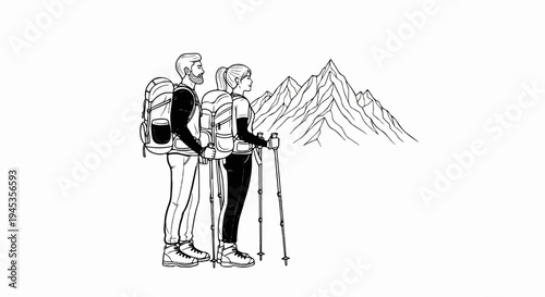 Two hikers with backpacks and poles stand before mountains