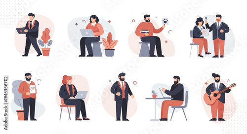 Various people in business attire engaged in work and leisure activities