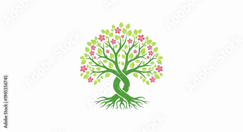 A stylized, intertwined green tree with pink blossoms and green leaves