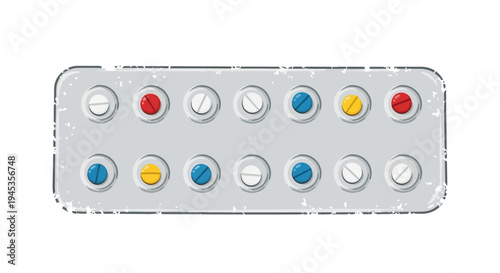 Blister pack with colorful pills and tablets isolated on white background