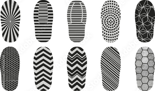 shoe sole pattern set, sneaker outsole texture collection, geometric tread design, footwear grip pattern silhouettes isolated vector illustration