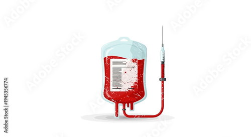 Blood bag with syringe, medical illustration, white background