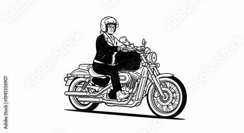 Line art of a woman wearing a helmet and leather jacket riding a motorcycle