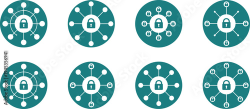 Network Lock and Encryption Security Icon Set Representing Digital Protection, Privacy, and Secure Communication in Cybersecurity Systems Vector Illustration