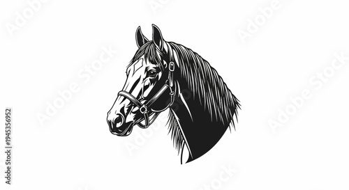A stylized black and white illustration of a horse's head with a bridle