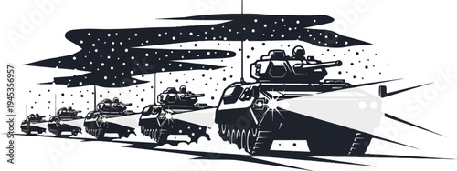 Military tanks advance under a starry, possibly snowy, sky