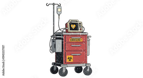 Medical Emergency Cart with ECG Monitor and IV Drip