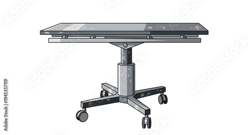 Medical examination table with wheels on white background