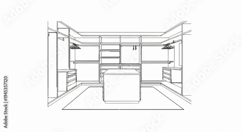 Wireframe sketch of a modern, spacious walk-in closet with central island and ample shelving