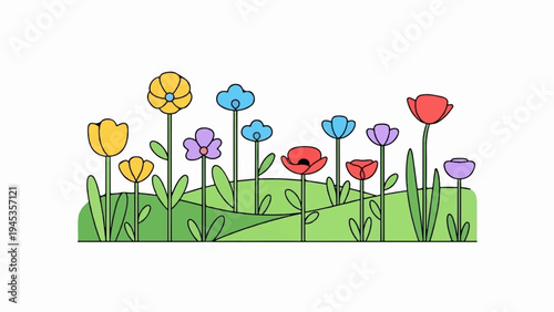Whimsical cartoon-style garden with colorful flowers and rolling green hills