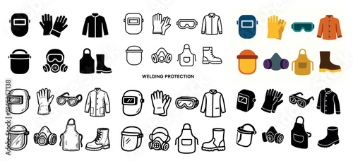 Safety icons with helmet gloves apron minimal