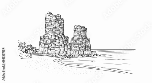 Stone ruins stand tall on a sandy shore beside calm ocean waters