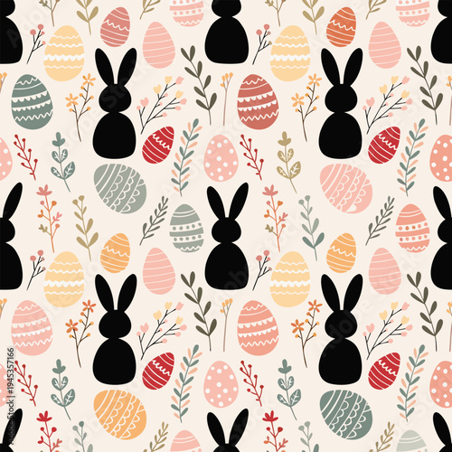 Easter Seamless Pattern Vector Illustration Featuring Bunny Silhouettes, Decorated Eggs and Spring Floral Branches for Gift Wrap, Fabric Print and Seasonal Branding