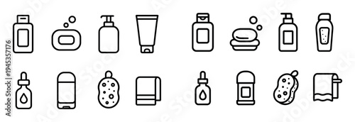Hygiene icons with bottle sponge soap outline