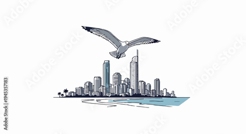 A seagull flies over a sketched coastline with palm trees and buildings
